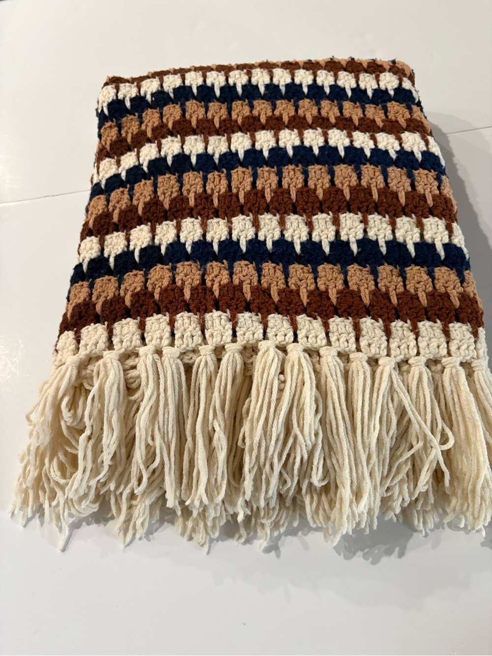 Handmade Striped Crochet Throw Blanket in Cream, Brown, White & Navy